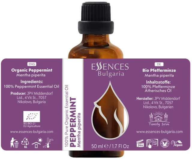 Organic peppermint essential oil (50ml) label